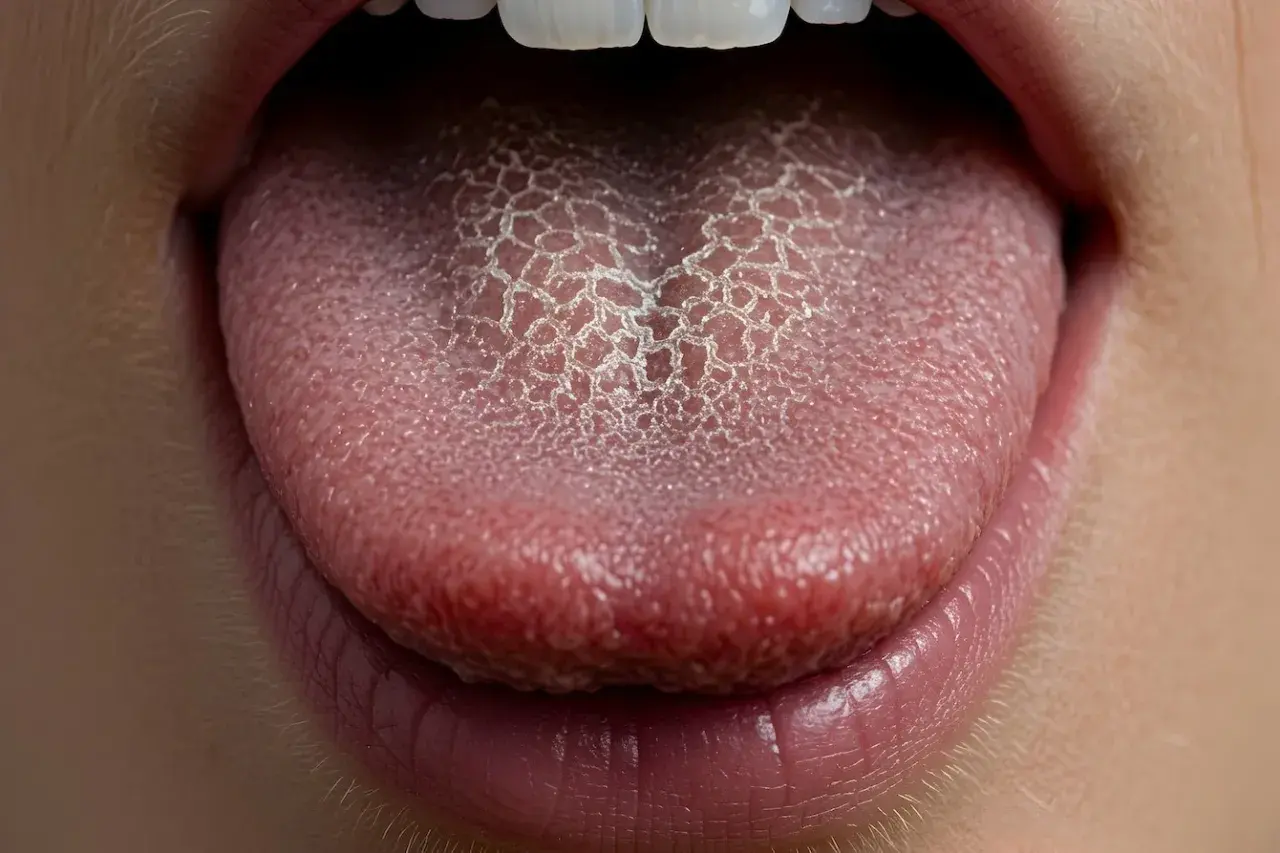 Lengua blanxa con un patrón agrietado, mostrando la textura y los labios rosados.