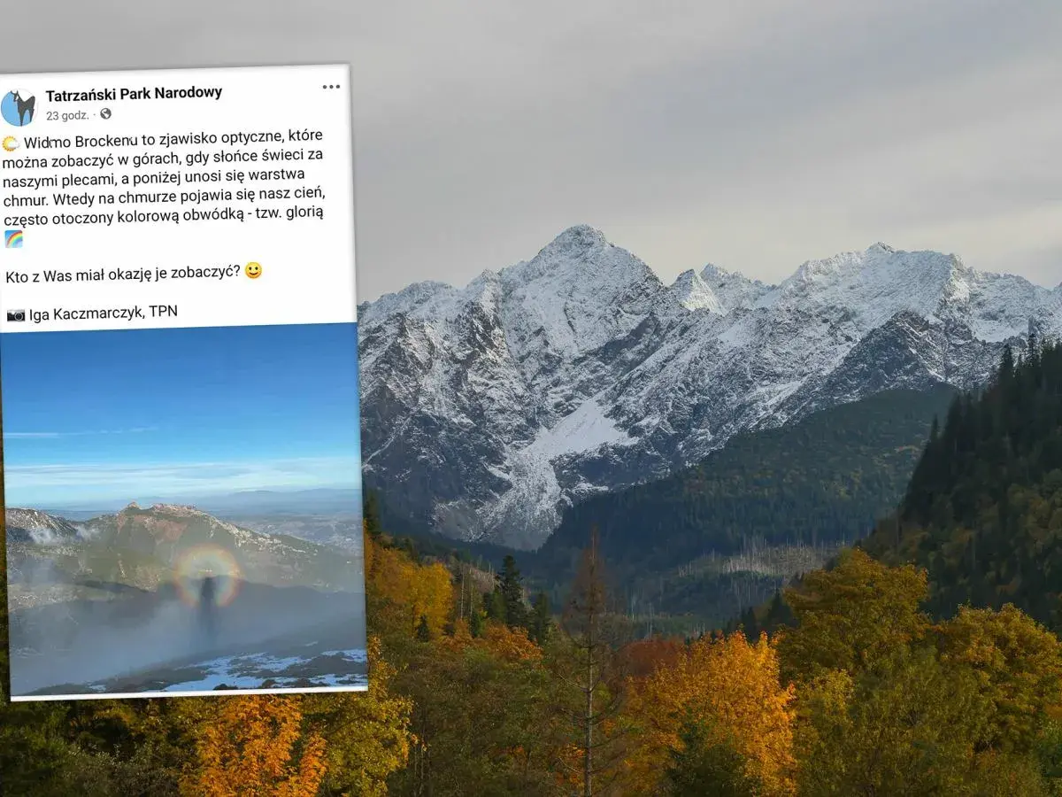 Widmo Brockenu nad górami, tęczowa aureola wokół cienia.