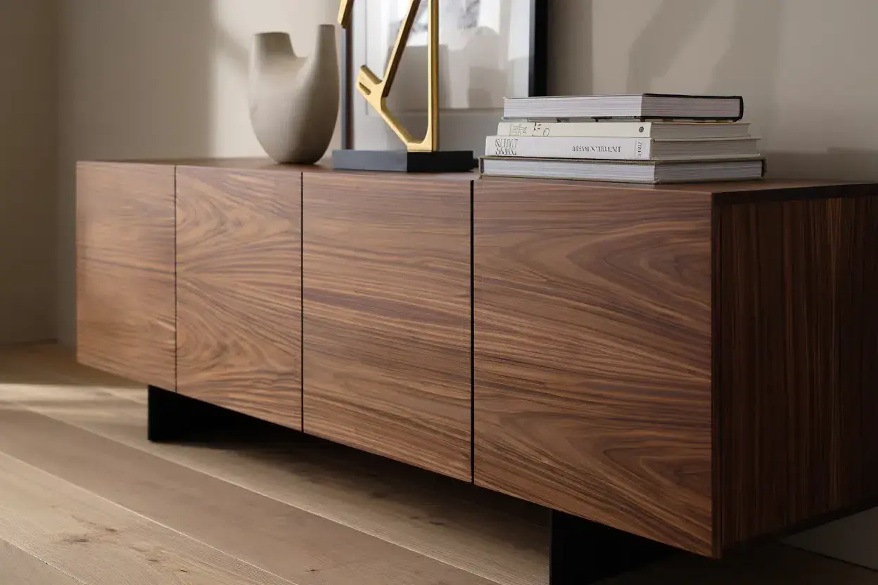 Un meuble en bois aux veines marquées, prêt à être retapé. Une touche de modernité avec des pieds noirs discrets.