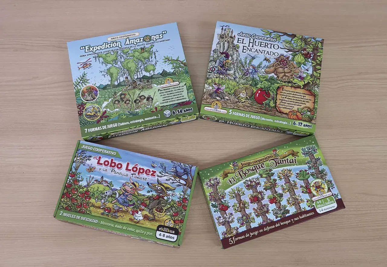 Juegos cooperativos para niños: "Expedición Amazonas", "El Huerto Encantado", "El Lobo López y la Pandilla Tomate", "El Bosque Santai". Actividades medio ambiente infantil.
