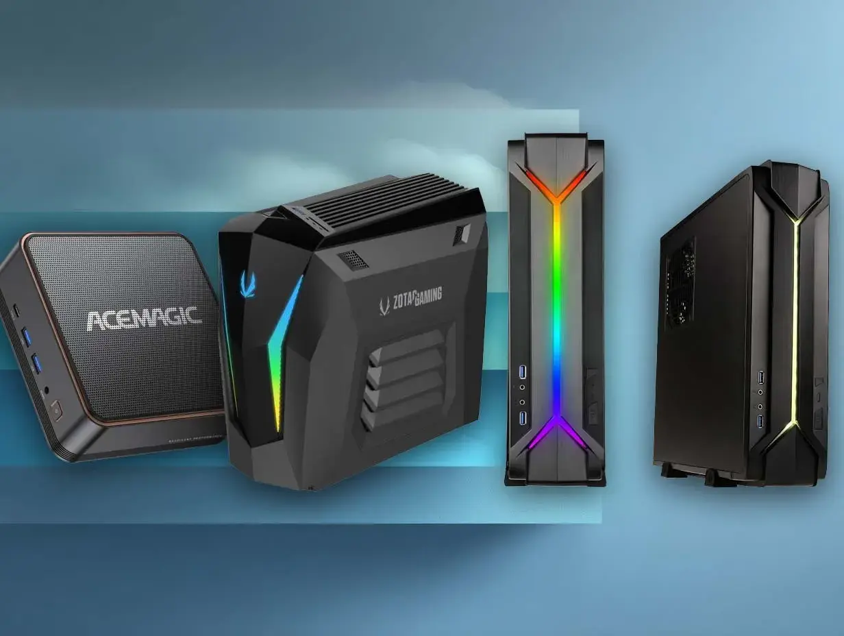 Quatre boîtiers d'ordinateurs, dont un petit ACEMAGIC et des modèles ZOTAC GAMING, illustrent ce qu'est un barebone PC.