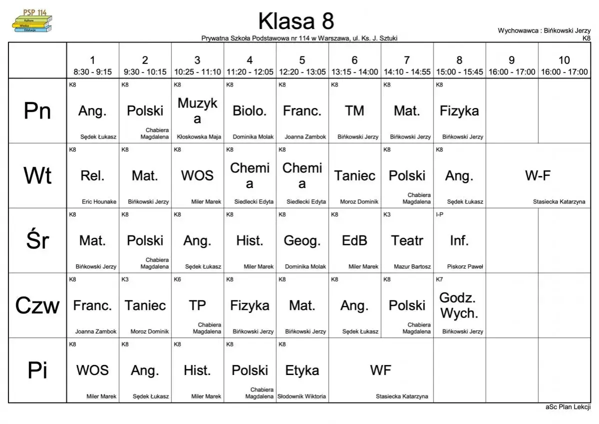 Plan lekcji klasy 8 z podziałem na dni tygodnia i godziny.