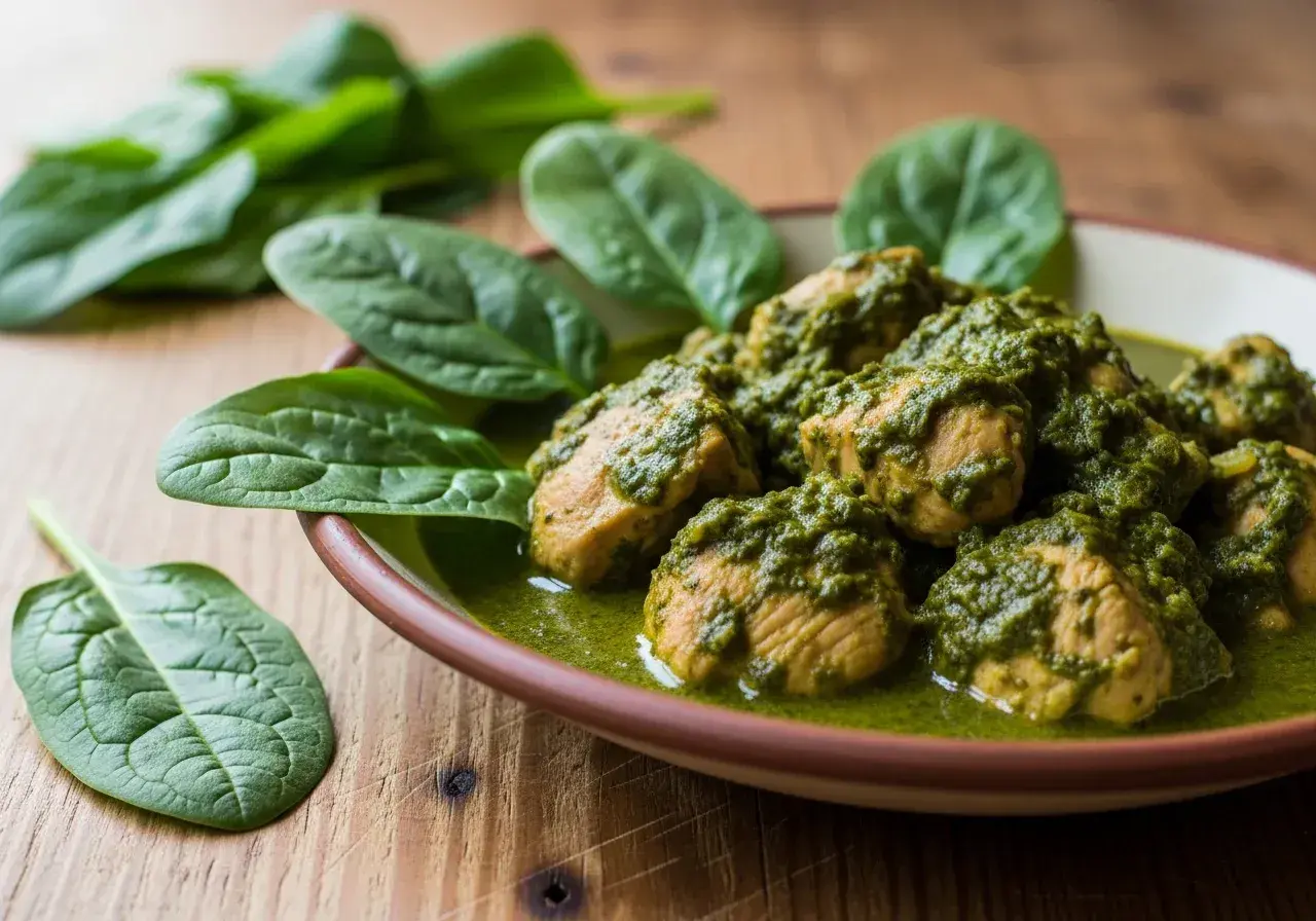 Palak chicken i en grön, krämig sås, med färska spenatblad vid sidan om.