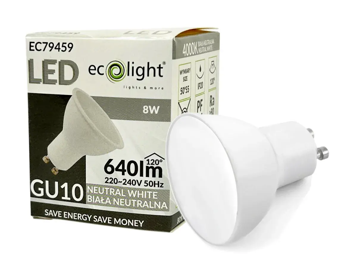 Biała żarówka LED GU10 8W 640lm, 4000K Neutral White. Alternatywa dla tradycyjnych rodzajów żarówek halogenowych, energooszczędna.