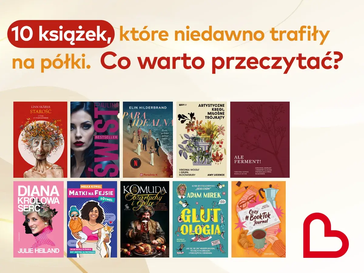 Kolaż okładek książek, w tym portret starszej kobiety, kobiety z burzą włosów, grupy ludzi na plaży i innych.
