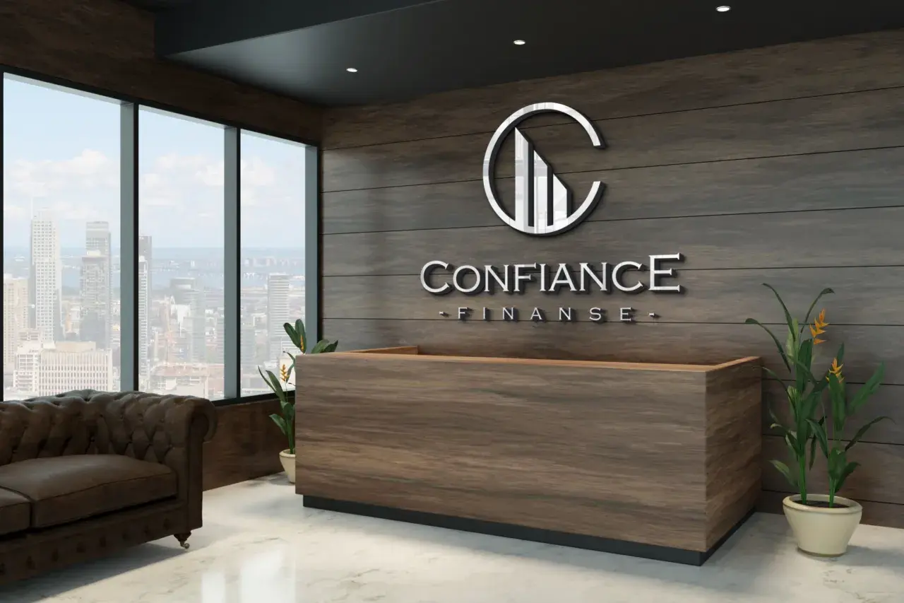 Nowoczesne biuro z logo "CONFIANCE FINANCE", kanapą i widokiem na miasto.