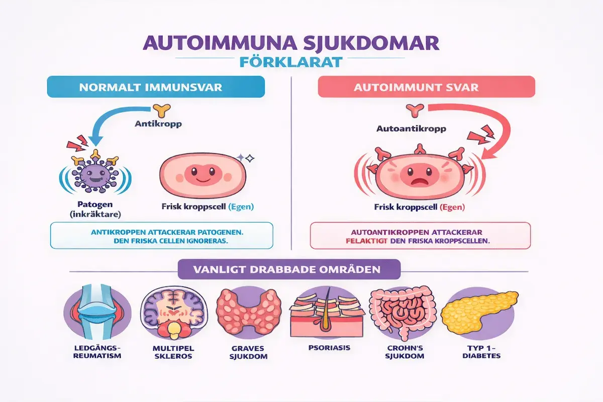 Illustration som förklarar autoimmuna sjukdomar: normalt immunförsvar attackerar patogener, medan vid autoimmunitet attackerar autoantikroppar kroppens egna celler. Test för autoimmun sjukdom kan visa detta.