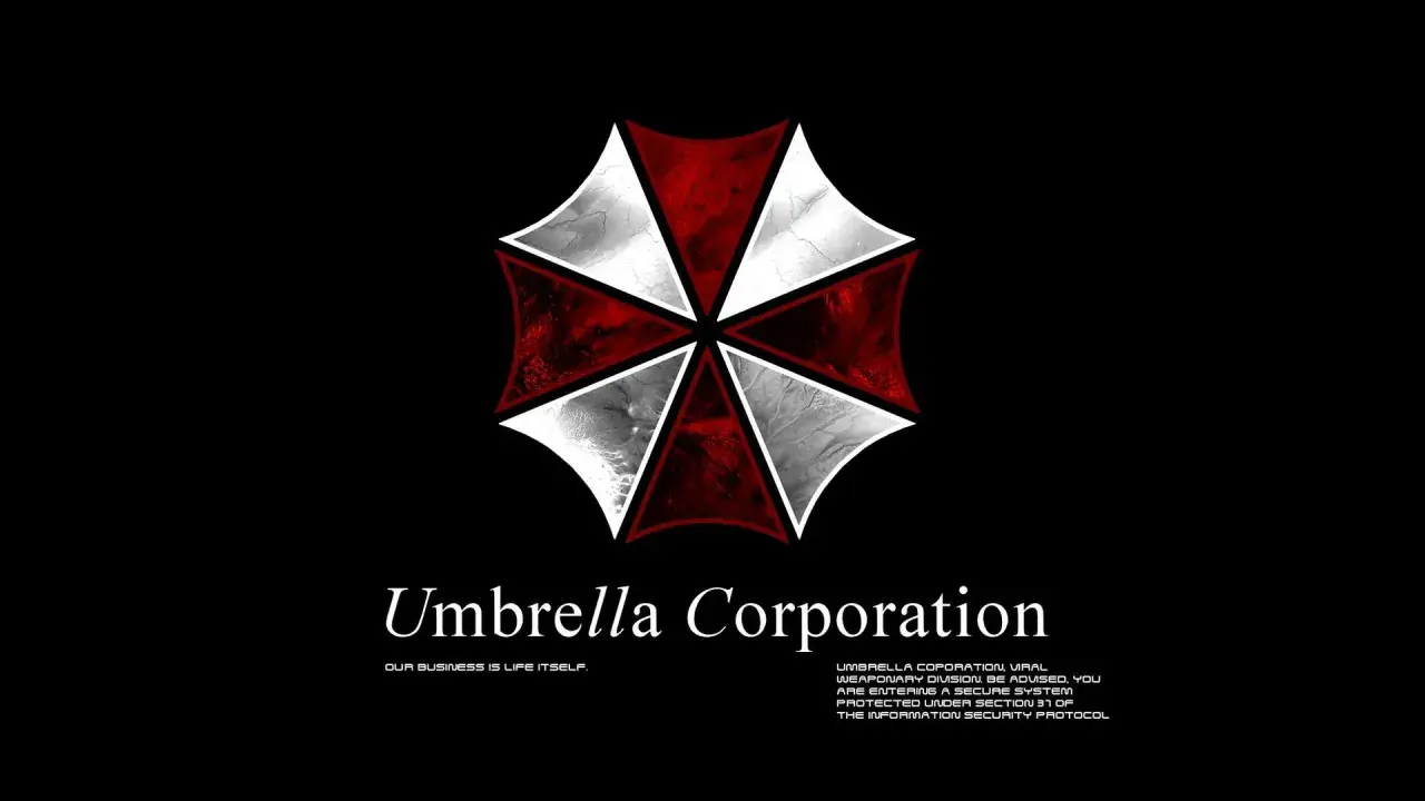 Logo Umbrella Corporation z napisem "Our business is life itself." i ostrzeżeniem o systemie bezpieczeństwa.