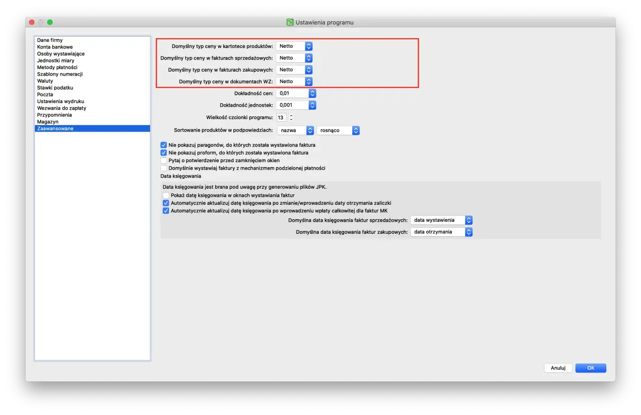 Ustawienia programu: domyślny typ ceny to netto. Określa, czy ceny są brutto czy netto.