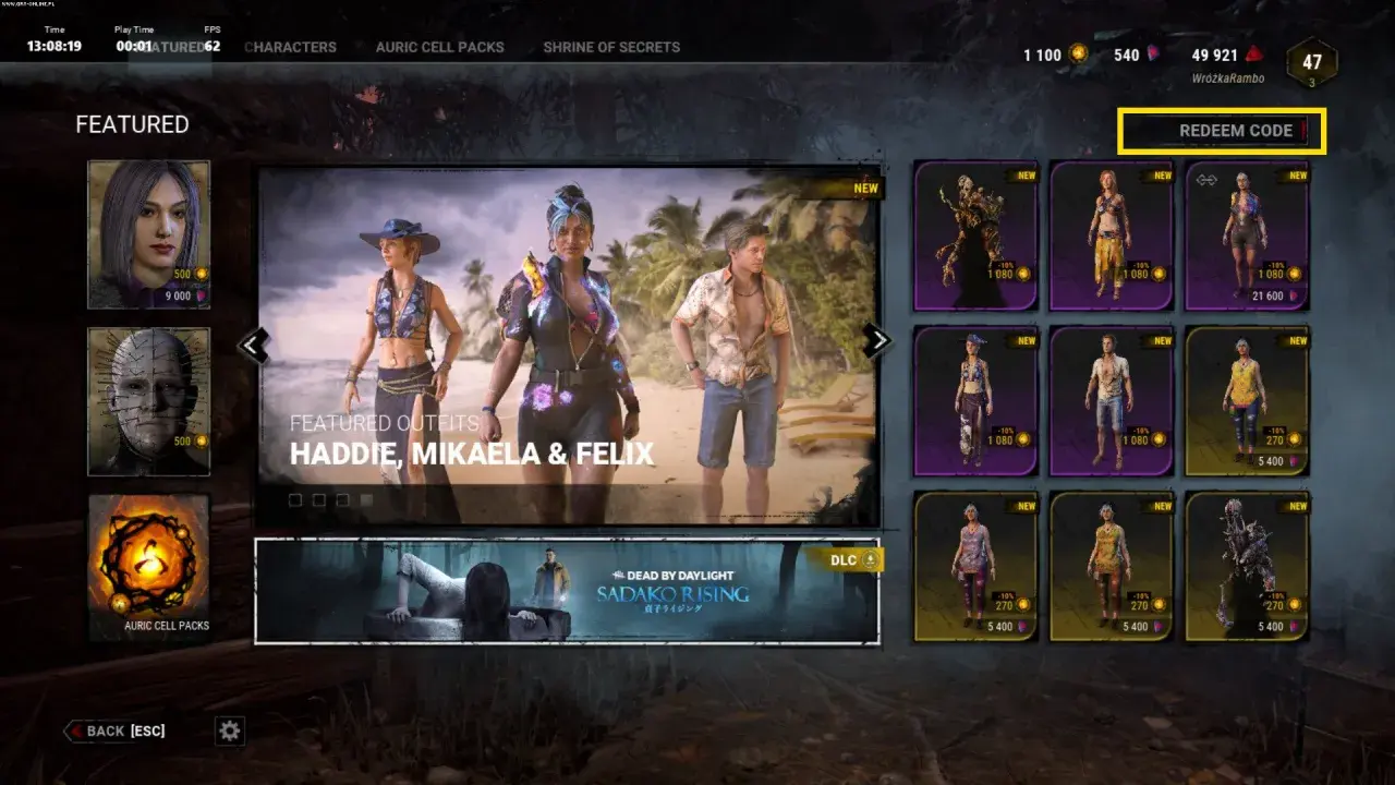 Wpisz kody do dbd, aby odblokować nowe stroje i DLC. Widoczne są stroje dla Haddie, Mikaeli i Felixa.