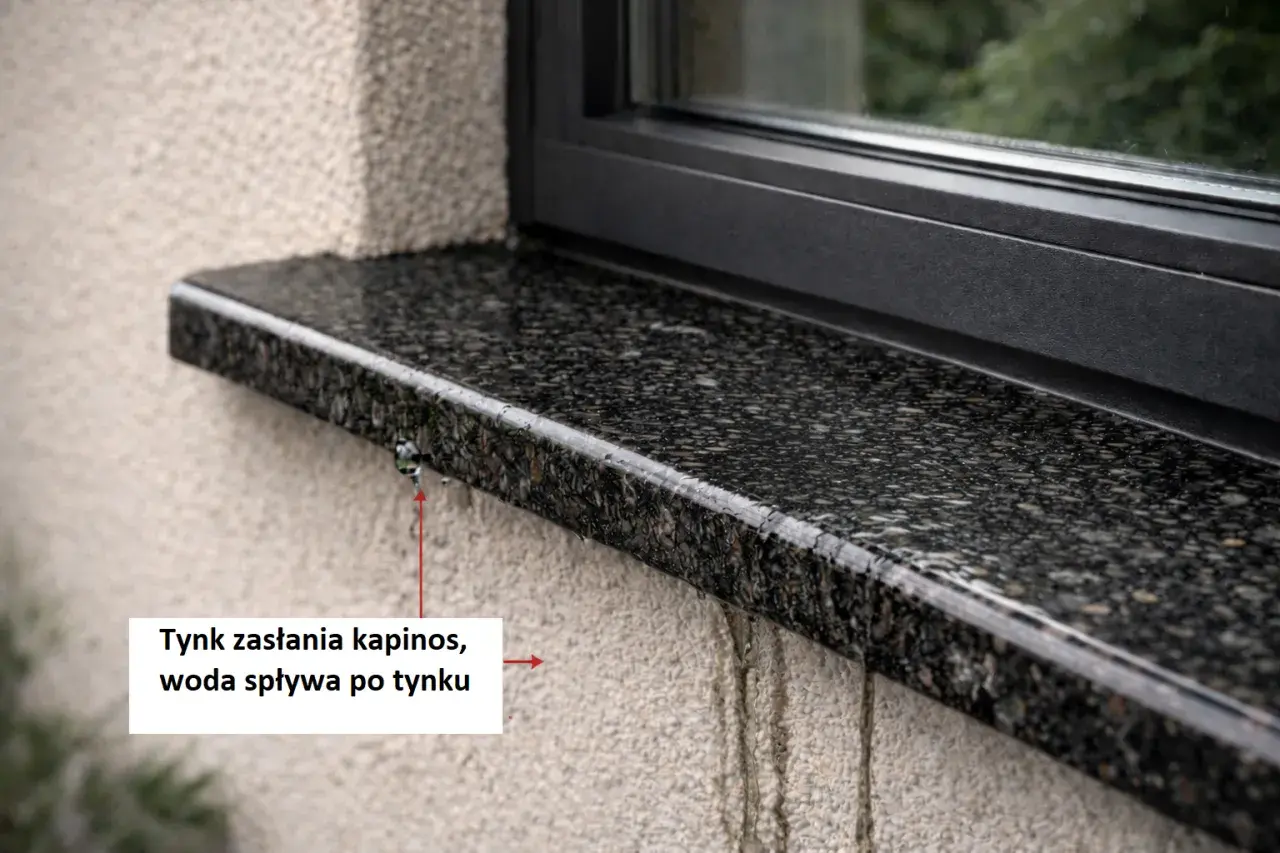 Zacieki na elewacji pod parapetem, woda spływa po tynku.