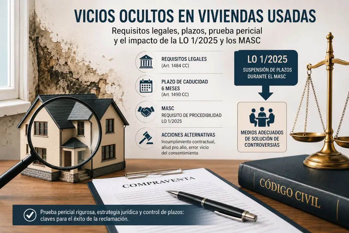 Maqueta de casa bajo lupa, contrato y Código Civil. Detalla requisitos, plazos y acciones para reclamar un vicio oculto en viviendas usadas.