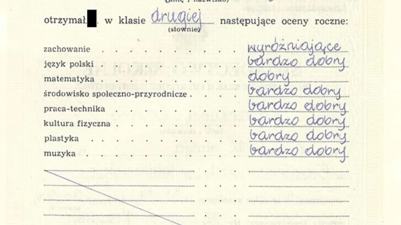 Fragment świadectwa szkolnego z listą przedmiotów i ocenami rocznymi, m.in. "bardzo dobry".