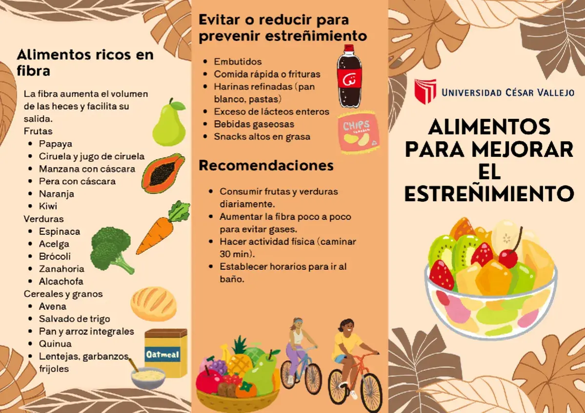 Consejos para evitar el estreñimiento: come frutas, verduras y granos integrales. Evita embutidos y comida rápida.