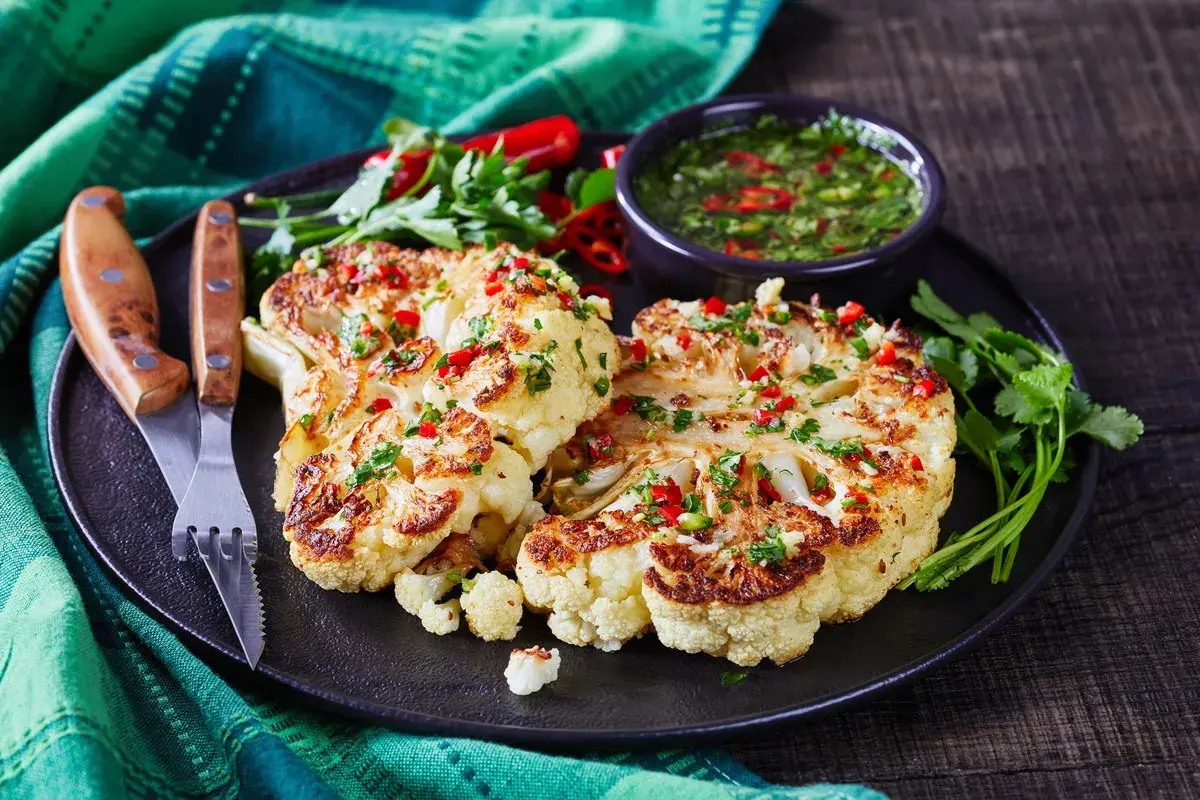 Idealny pomysł na kalafiora na obiad: pieczone steki z kalafiora z sosem chimichurri, posypane chili i pietruszką.