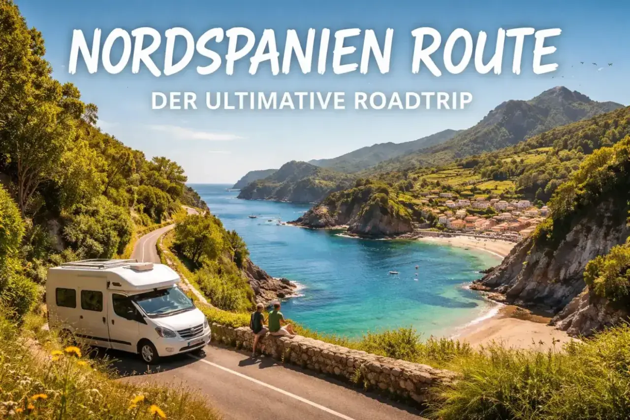 Wohnmobil-Roadtrip an der Küste Nordspaniens. Ein Paar genießt die Aussicht auf eine malerische Bucht, perfekt für nordspanien wandern.