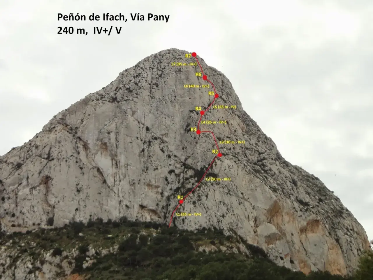 Ruta de escalada en el Peñón de Ifach, Vía Pany, con 7 largos marcados.