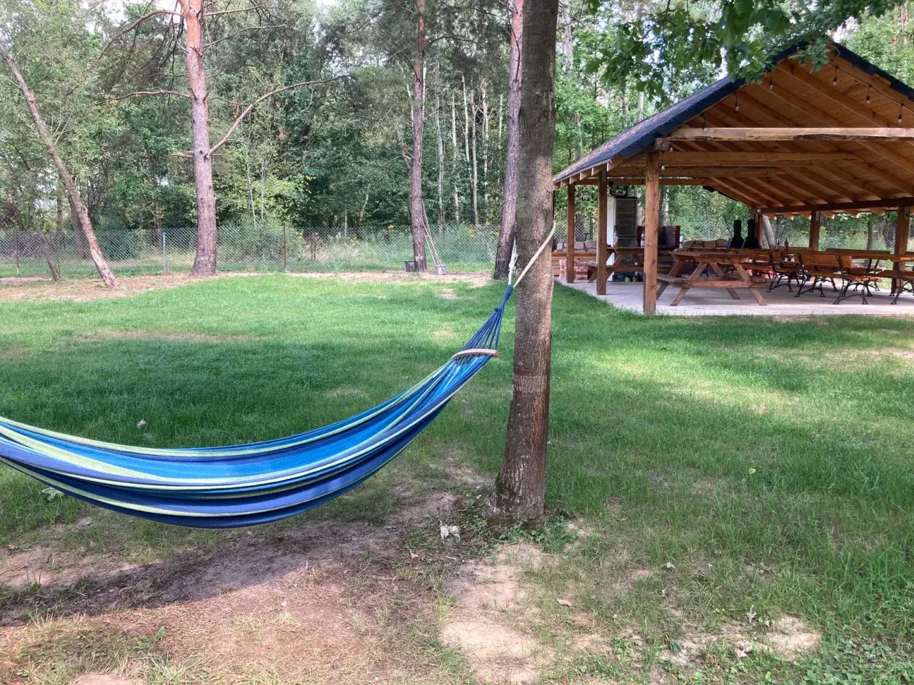 Kolorowy hamak w lesie, idealne miejsce na relaks podczas **camping Roztocze**. W tle drewniana wiata z ławami i stołami.