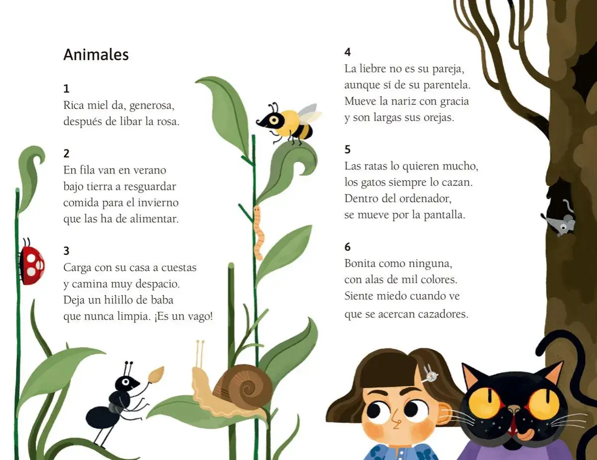Ilustración con animales y acertijos, como una abeja, hormiga, caracol y mariquita. Ideal para 100 adivinanzas para niños.