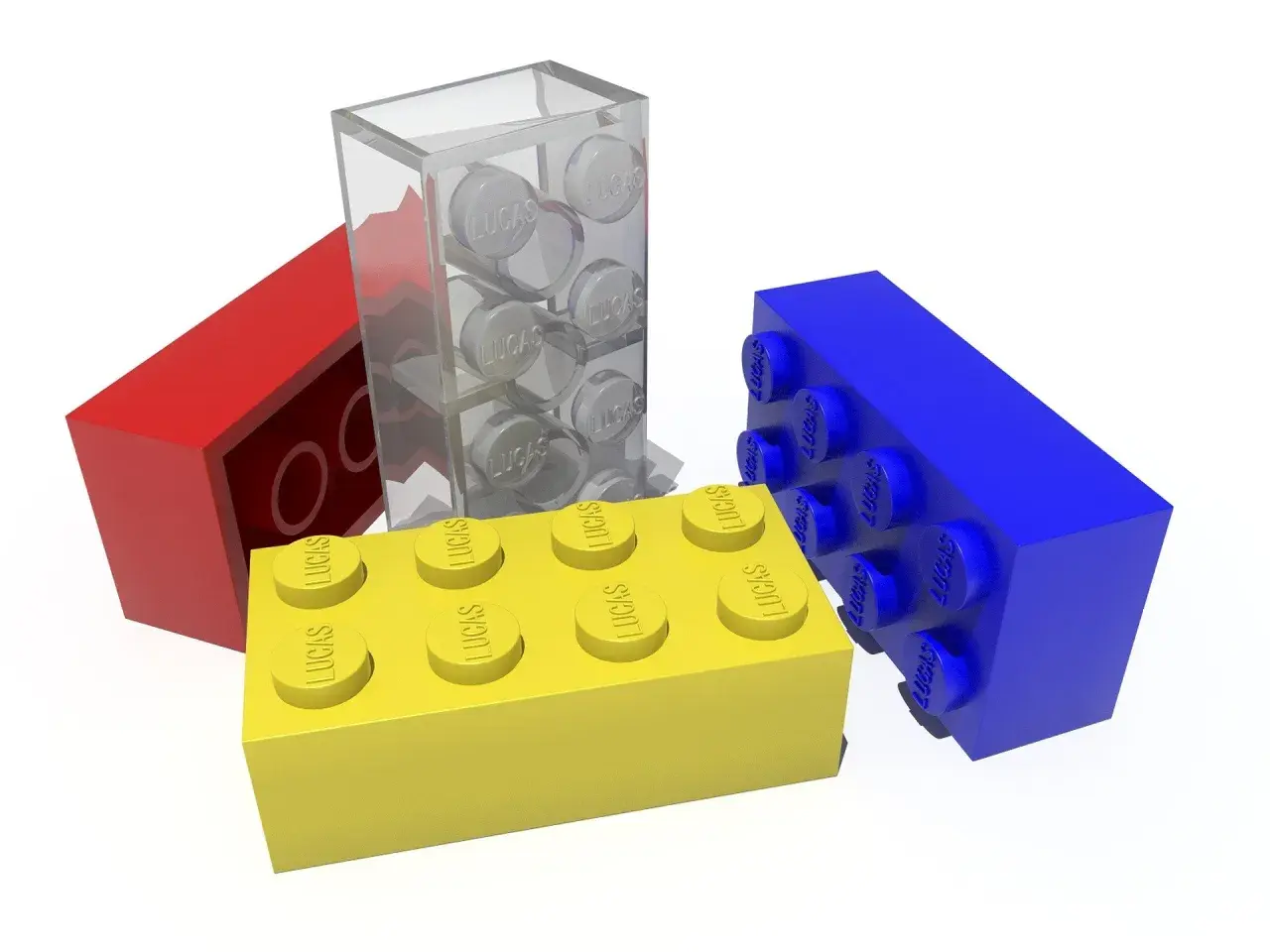 Bunte LEGO-Steine, rot, gelb, blau und transparent, bereit zum Lego waschen.