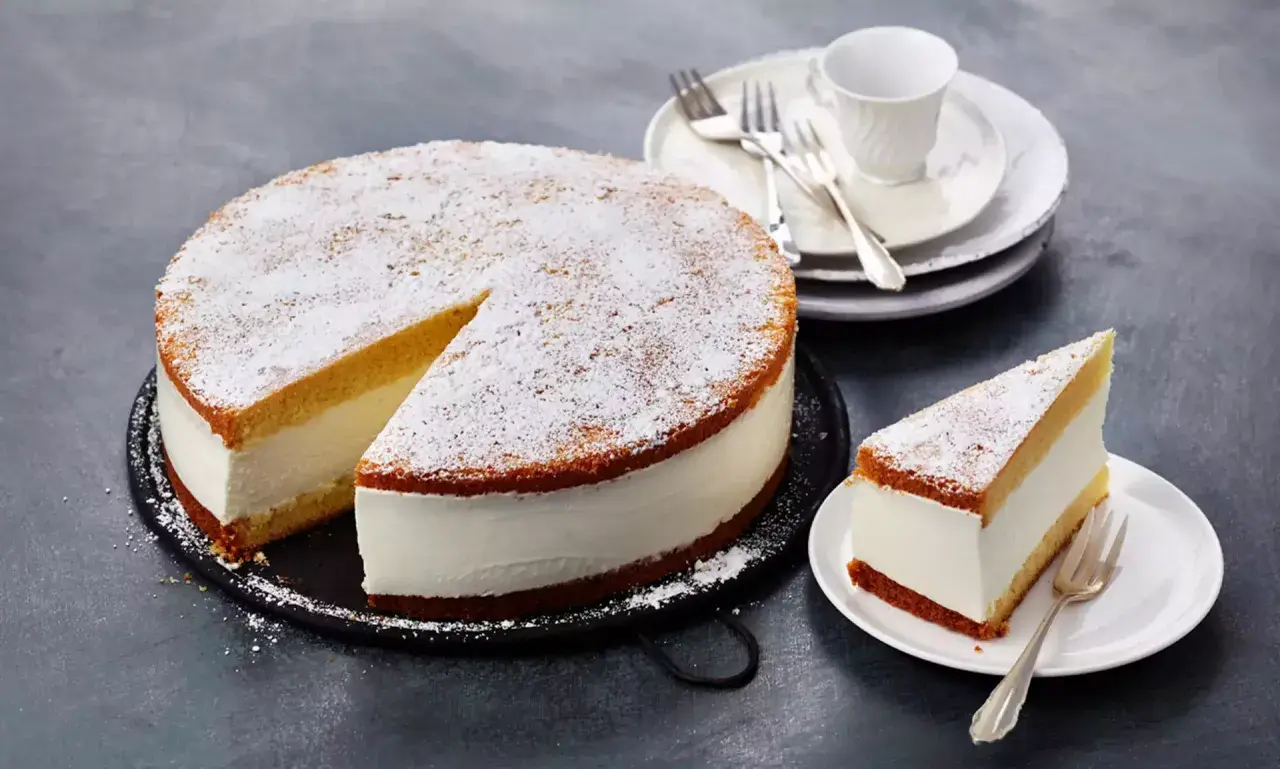 Eine köstliche Quark Sahne Torte, bestäubt mit Puderzucker, wartet darauf, genossen zu werden. Ein Stück ist bereits auf einem Teller angerichtet.