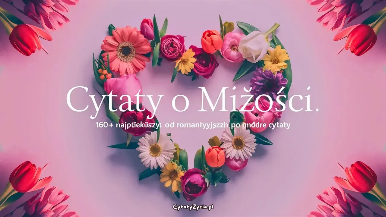 Serce z kwiatów otoczone pąkami róż i tulipanów. Napis "Cytaty o Miłości" i "160+ najpiękniejszych, od romantycznych po mądre cytaty".