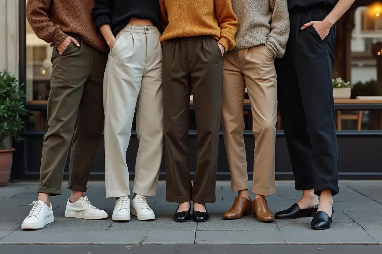 Cinq personnes portent des pantalons larges de différentes couleurs. Quelle chaussure avec pantalon large ? Des baskets, des mocassins, des escarpins et des bottines.