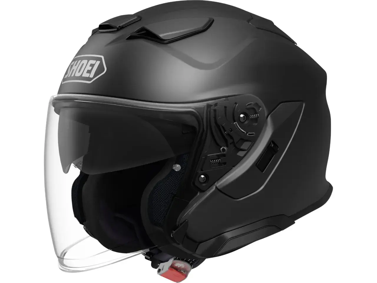 Black Shoei jet helmet with clear visor and ventilation.