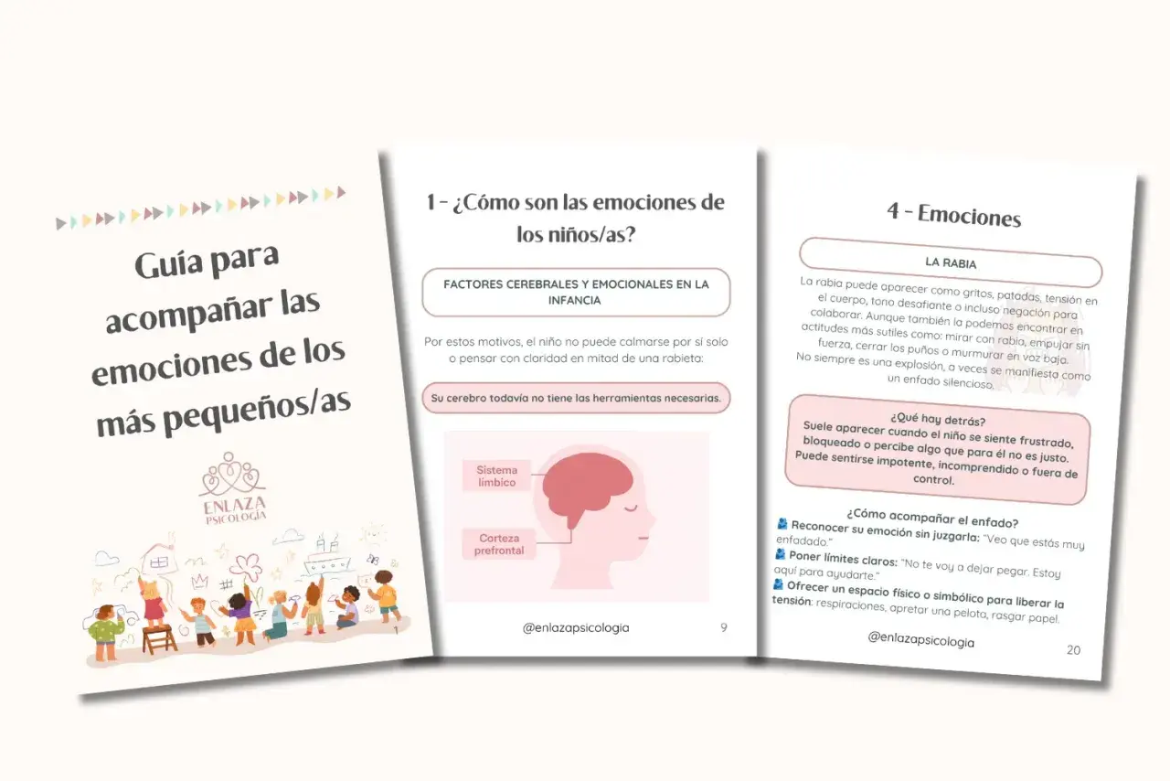 Guía para acompañar las emociones de los más pequeños/as. Ilustración de niños y cerebro, con consejos sobre gestión emocional infantil.