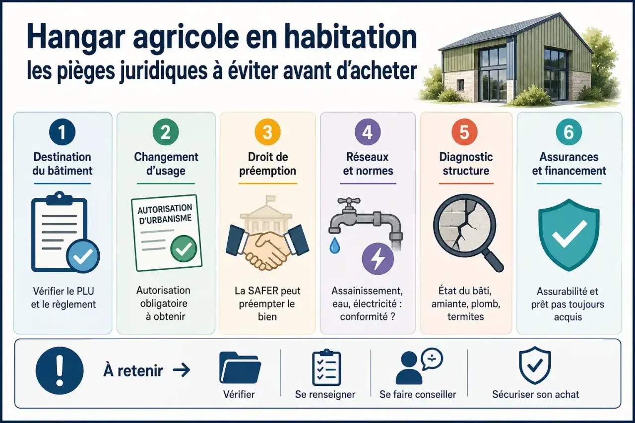 Infographie sur les pièges juridiques pour transformer un hangar agricole en habitation. Elle détaille 6 points clés : destination, changement d'usage, droit de préemption, réseaux, diagnostic et assurances.