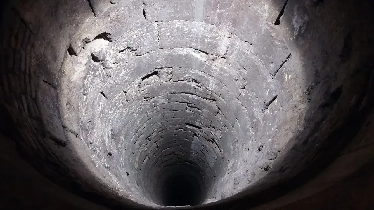 Blick in einen alten, steinernen Brunnen. Die Wände sind rau und uneben, was auf die Notwendigkeit hinweist, den Brunnen abzudichten.