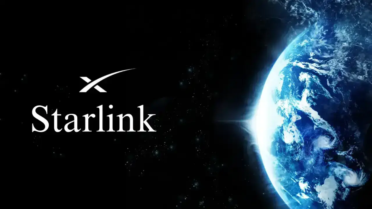 Logo Starlink na tle Ziemi z kosmosu. To jest co to jest Starlink – satelitarny internet.