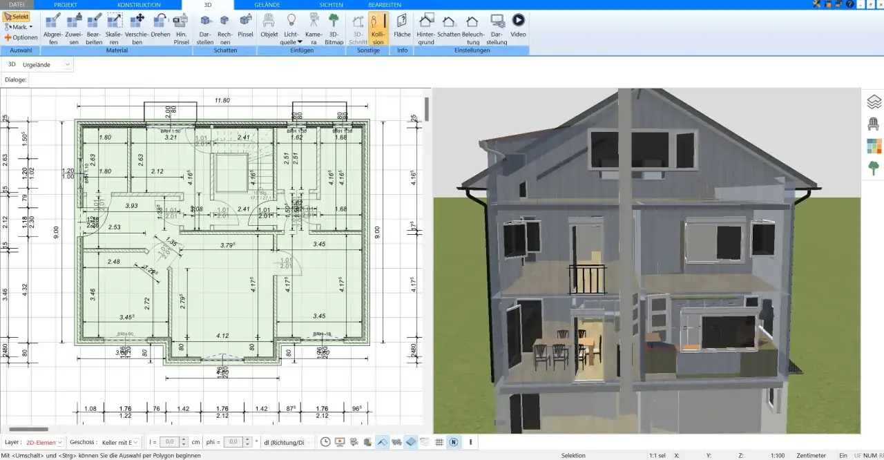 Grundriss und 3D-Ansicht eines Hauses. Die detaillierten Pläne zeigen Maße und Räume, während die 3D-Ansicht einen Einblick in die Innenarchitektur gibt. So kann man sich vorstellen, wie lange dauert ein hausbau.