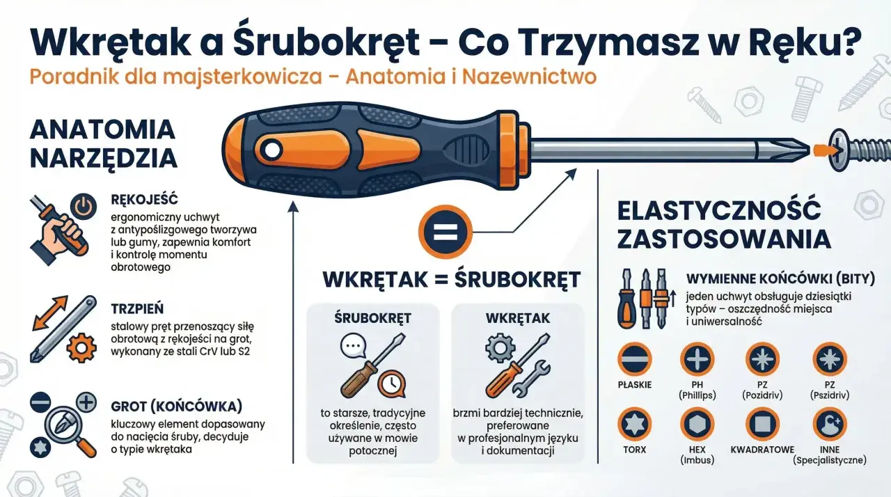 Ilustracja przedstawia różne rodzaje śrubokrętów i ich części, wyjaśniając różnice między "wkrętakiem" a "śrubokrętem" oraz typy końcówek.