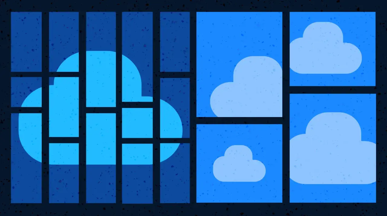 Un grand nuage bleu, symbole d'un cloud agnostique, se découpe à travers des rectangles sombres. D'autres nuages plus petits flottent dans des cadres bleus lumineux.