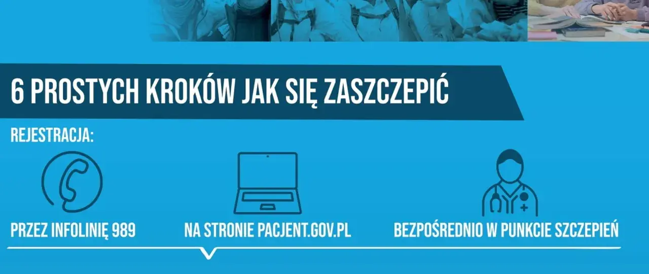 Ikony: telefon, laptop, lekarz. Tekst: 6 prostych kroków jak się zaszczepić. Rejestracja: infolinia 989, strona pacjent.gov.pl, punkt szczepień.
