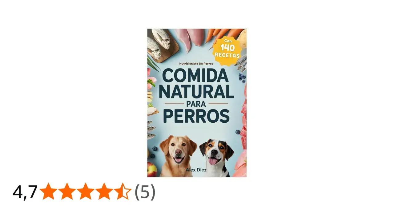 Descubre cuál es la mejor comida natural para perros con este libro que incluye 140 recetas. Dos perros felices protagonizan la portada.
