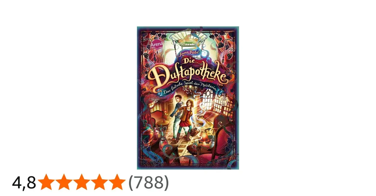 Buchcover "Die Duftapotheke: Das falsche Spiel der Meisterin" von Anna Ruhe. Zwei Kinder stehen in einem geheimnisvollen Raum.