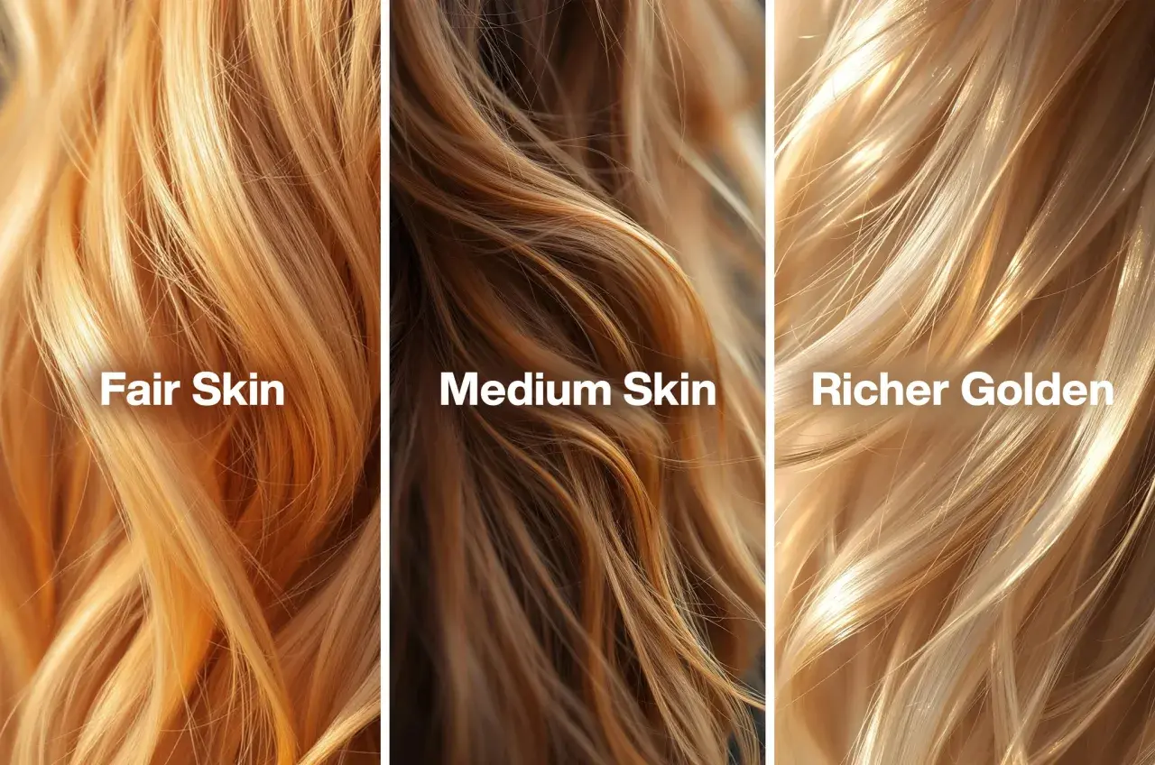 Tres tonos de cabello rubio dorado miel: para piel clara, media y dorada más rica.