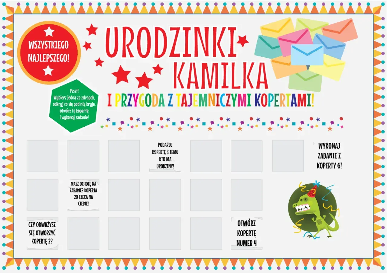 Urodzinki Kamila to przygoda z tajemniczymi kopertami! Wspaniałe zabawy na urodziny czekają na odkrycie.