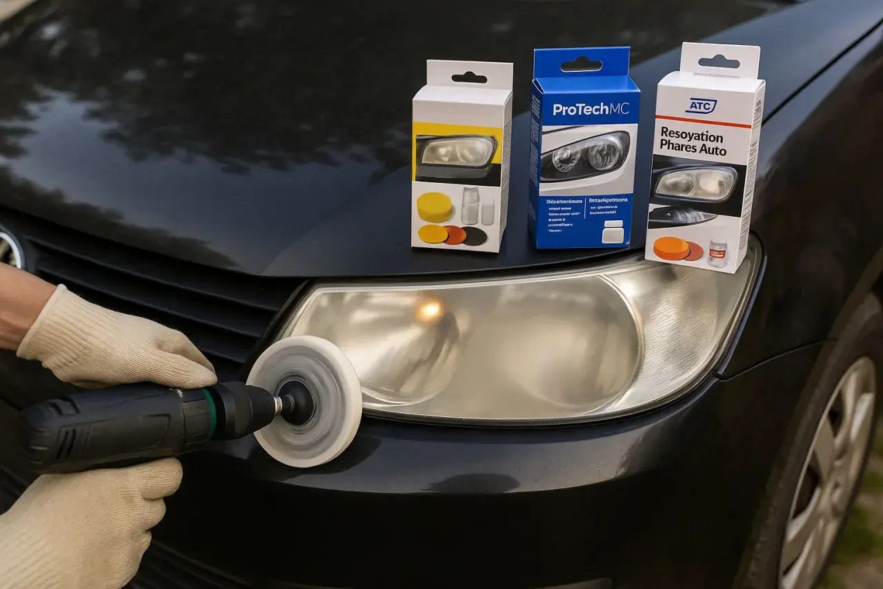 Kits de rénovation phare sur un capot de voiture. Une main gantée utilise une perceuse avec un tampon de polissage pour restaurer un phare jauni.