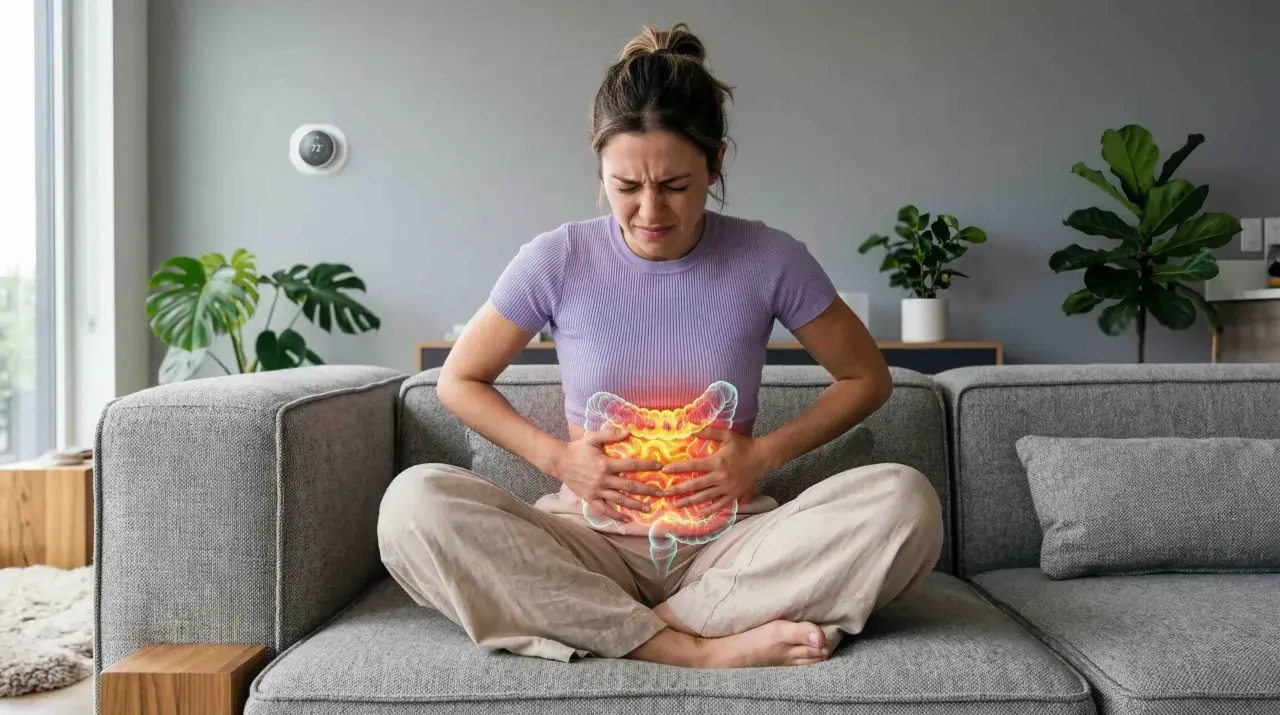 Donna seduta sul divano con le mani sull'addome, soffre di mal di pancia e diarrea. L'immagine mostra un'illustrazione del suo intestino infiammato.