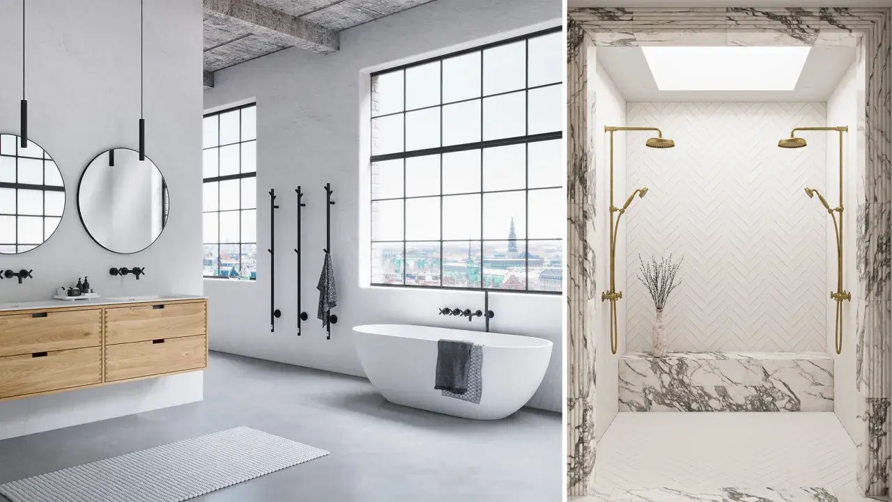 Modernt badrum med dubbeldusch i marmor och mässing. Enkel design med trädetaljer ger badrum inspiration.