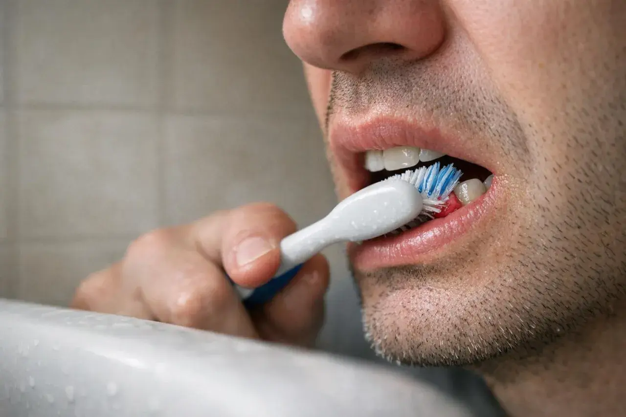 Primo piano di un uomo che si lava i denti subito dopo mangiato, con spazzolino e dentifricio.