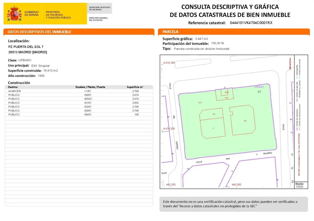 Detalles de la referencia catastral Madrid: parcela en PZ PUERTA DEL SOL 7, 28013 MADRID. Plano gráfico de la parcela.