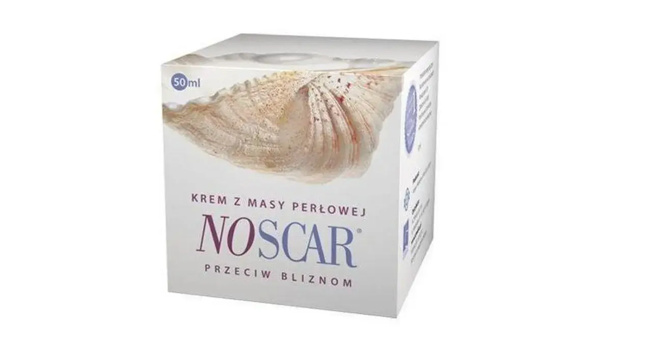 Krem NOSCAR z masy perłowej przeciw bliznom. Opakowanie 50 ml z motywem muszli.