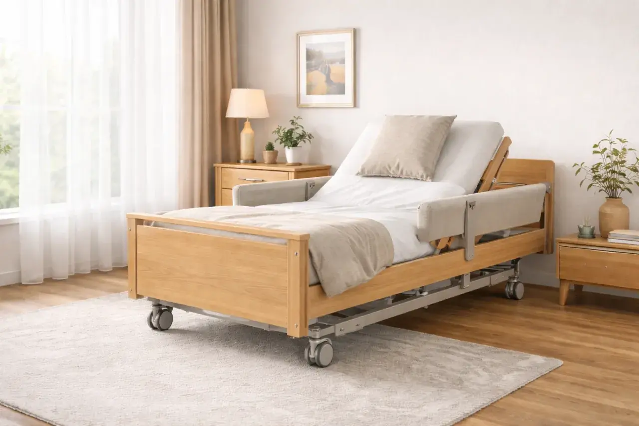 Lit médicalisé gratuit en bois clair, avec barrières de sécurité et roulettes. Confort et praticité pour un repos optimal.