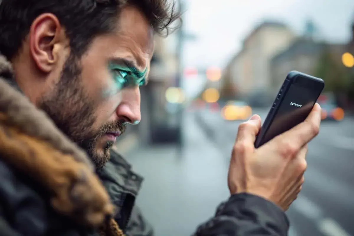 Un homme regarde son téléphone, ses yeux brillent d'une lumière bleue. Le téléphone affiche "Netfront", mais il est non enregistré sur le réseau Samsung.