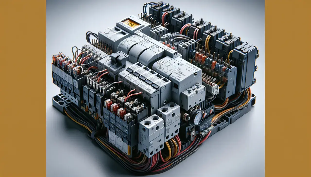 Złożony panel elektryczny z bezpiecznikami, przekaźnikami i przewodami.