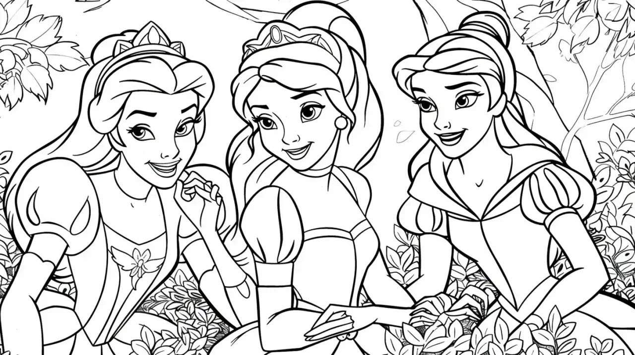Tres dibujos de princesas sonrientes con tiaras, rodeadas de flores y hojas, listas para ser coloreadas.